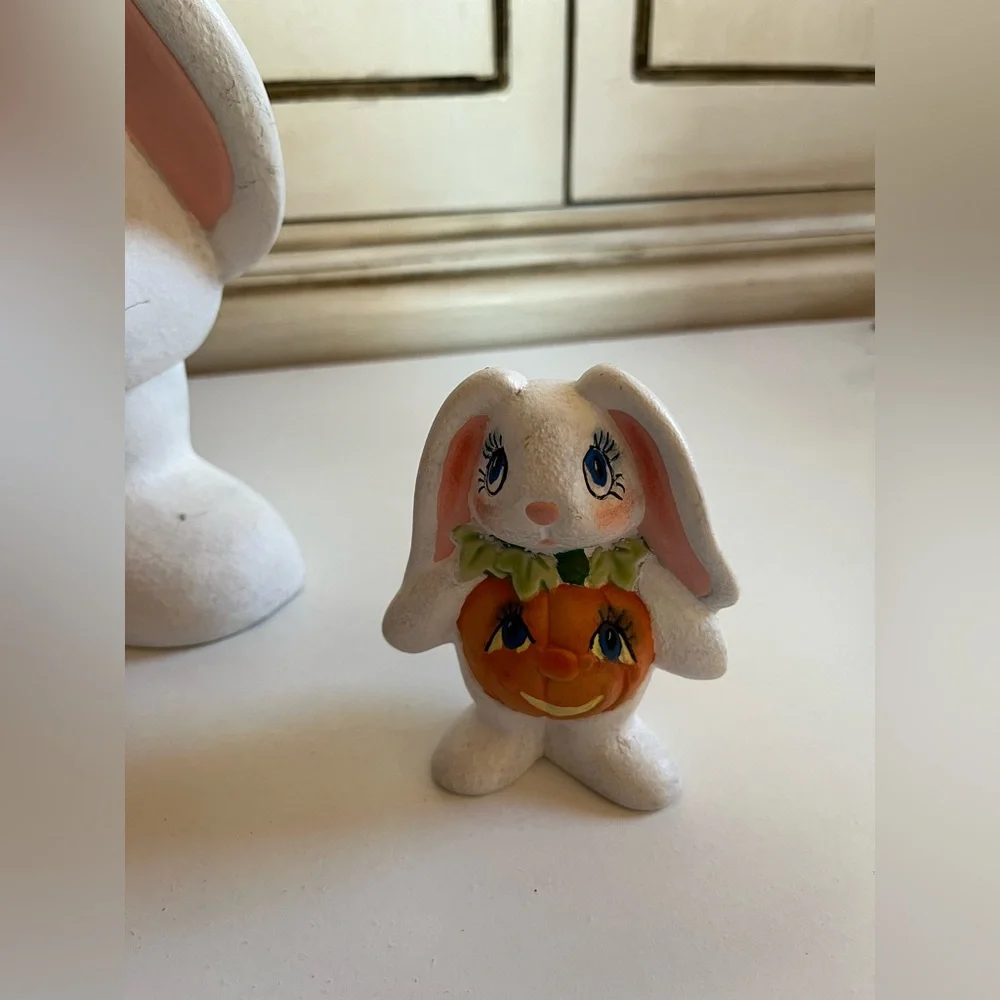 Vintage Easter Halloween Rabbit Bunny Figurines w/pumpkin stomach ceramic decor